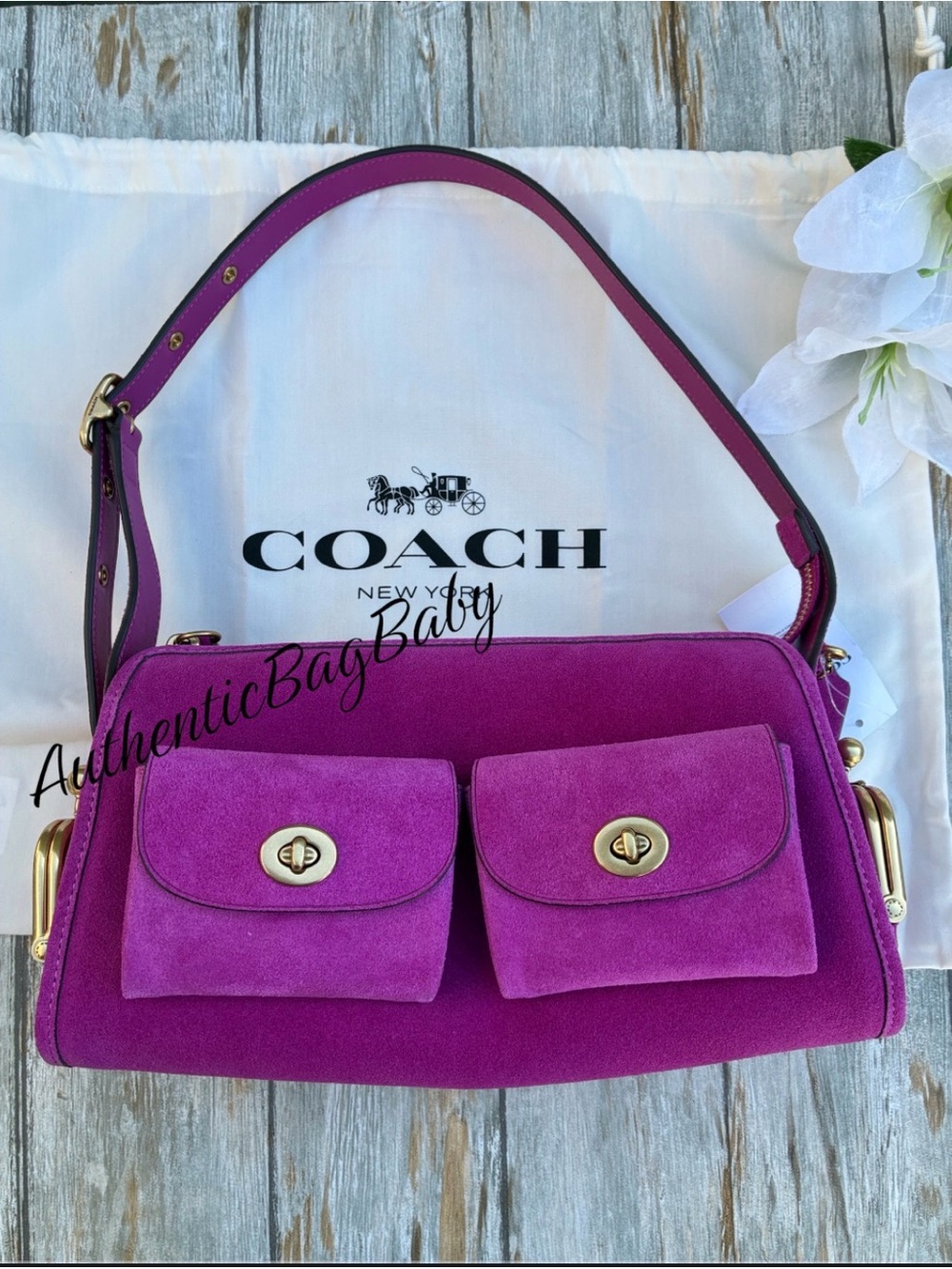 Coach Turnlock Haversack Bag 27 Magenta Suede Purse